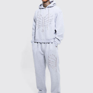 Conjunto Deportivo Gris con Capucha para Hombre, Sudadera con Cremallera Completa, Ropa Casual Estilo Otoño, 100% Algodón, Diseño de Esqueleto en Relieve - Product Image 3