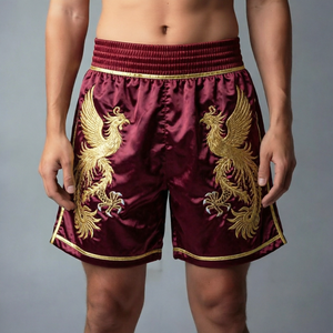 Shorts de boxe bordeaux pour hommes avec broderie Phénix doré, taille élastique, en polyester confortable pour l'entraînement - Product Image 1