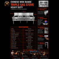 Wok chinois de haute qualité du vendeur malaisien, avec trois brûleurs en fonte, corps en acier inoxydable, robuste, pour cuisson commerciale, grande capacité