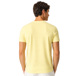 Camiseta de hombre de color amarillo pastel de primera calidad, personalizada, de tela jersey suave, corte ajustado, cuello en V y manga corta. - Product Image 4