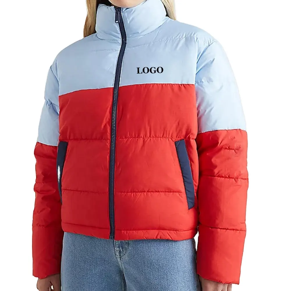 OEM 최신 아우터 패딩 패딩 패딩 재킷 여성용/공장 가격 컬러 블록 여성 스탠드 칼라 재킷