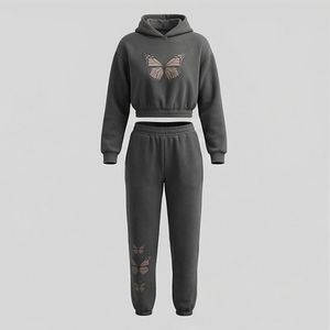 Women's Gray <b>Butterfly</b> Print Hooded Tracksuit Set Casual Loose Fit Full <b>Sleeve</b> Sweatshirt and Pants Autumn Wear - Product Image 1