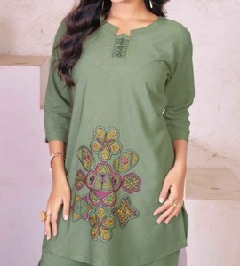 Women's Purple Embroidered Cotton Kurta <b>Set</b> Three Quarter Sleeve Loose Fit Floral Handwork Casual Wear Spring Summer - Product Image 2