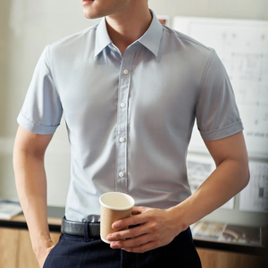 Chemise décontractée formelle à manches courtes pour homme, couleur unie, col rabattu, tissu popeline respirant, idéale pour l'été - Product Image 5