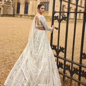 Designer Traditional White Georgette <b>Lehenga</b> Choli Sequin Embroidered Dupatta <b>Women</b> Summer Winter Wedding Party Diwali Quick Dry - Product Image 1