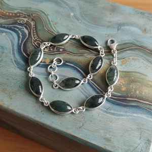 Bracelet en agate mousse, argent sterling 925, maillons marquise, réglable, bijoux en pierres précieuses pour femme, cadeau - Product Image 3