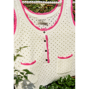BETTY <b>Women's</b> Hand Knitted Sleeveless Vest <b>for</b> with Pink Trim Pockets Winter Elegant Style VKSE00526 100% Polyester <b>Short</b> - Product Image 3