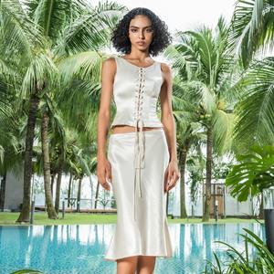 Satin <b>Lace</b>-<b>Up</b> <b>Corset</b> Tank for Women ODM-supplied Above Knee Length Round Neckline Sleeveless Design Lustrous Shine White <b>Top</b> - Product Image 2