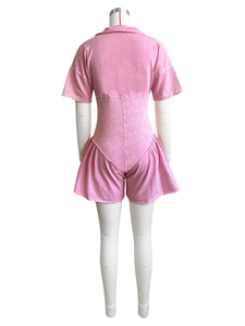 Mono de algodón rosa para mujer con cuello vuelto, manga corta, cintura alta, estilo casual de verano, largo por encima de la rodilla - Product Image 3