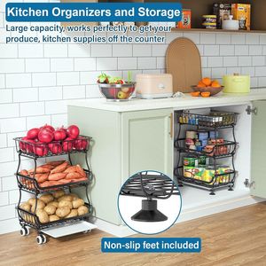 Carrello dispensa a 3 livelli con ruote, cestelli in filo metallico e ripiani - Organizzatore da cucina impilabile - Product Image 6