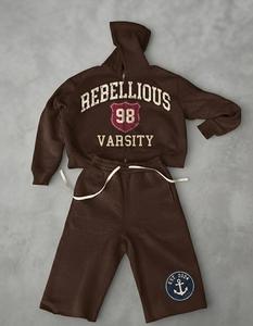 Rebellious Varsity Zip-Up <b>Hoodie</b> & Pants Set Men's Brown Cotton French Terry Preppy Style Autumn Wear - Product Image 1
