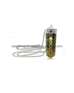 Sier Pendentif chaîne en métal poli fait à la main 7 Chakra perle Labradorite bâton plat Reiki Feng Shui bijoux de guérison Agate pierre précieuse - Product Image 1