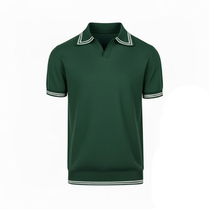 Polo en coton noir pour homme, manches courtes, couleur unie, respirant, décontracté, tricoté, coupe classique, col et poignets à bordure verte - Product Image 5