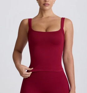 Seamless Longline Women Tank Top <b>Burgundy</b> Workout Top with Wide Fixed Straps 4-Way Stretch Yoga & Fitness Wear - Product Image 5