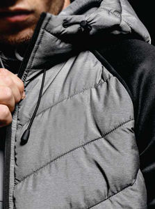 Custom Grey Coated Hooded <b>Patchwork</b> Puffer <b>Jacket</b> 100% Polyester Regular Sleeve Autumn <b>Jacket</b> with Zip Pockets OEM Manufacturer - Product Image 4
