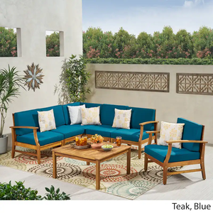 Modern Teak <b>Wood</b> Outdoor <b>Garden</b> Sofa Set with Coffee <b>Table</b> and Cushions 6 Seater Weather Resistant Contemporary Design - Product Image 3