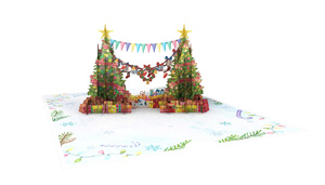 Tarjeta de felicitación navideña emergente en 3D con diseño de árboles, regalos y pancartas, barnizado mate, impresión digital - Product Image 1