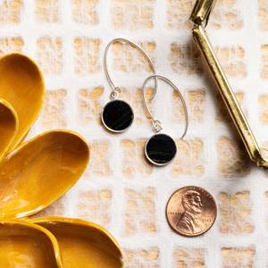 Black Obsidian Drop <b>Earrings</b> 925 Sterling Silver Long Circle Design Trendy Minimalist Wedding & Party Jewelry Women/Unisex - Product Image 4