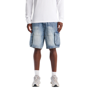 Shorts cargo mi-longs en jean délavé bleu clair pour homme, décontractés, longueur genou, en coton, avec poches utilitaires, séchage rapide, respirants, coupe décontractée, pour l'été - Product Image 1