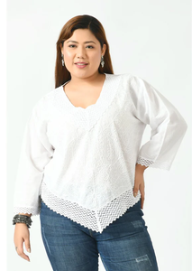 Kurta Étnica Bordada de Algodón Blanco para Mujer, Corte Regular, Estilo Informal, Diseño Tradicional de India y Pakistán, para Verano - Product Image 3