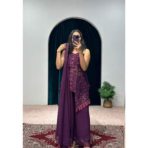 DISEÑADOR GEORGETTE BORDADO TRABAJO TOP PALAZZO CON DUPATTA VINO - Product Image 1