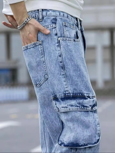 YIMAI – Nouveau Jean Cargo Décontracté Bleu Délavé à la Vapeur Coupe Droite avec Poches à Rabat Latérales pour Homme - Product Image 6