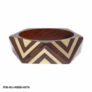 Handcrafted Geometric Wood and Brass Inlay Bangle Art Deco Chevron Statement <b>Bracelet</b> for Women - Product Image 1
