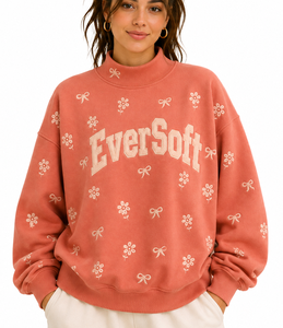 Sweat-shirt à col rond brodé floral EverSoft pour femme, en coton tricoté surdimensionné, coupe décontractée pour l'automne - Product Image 4