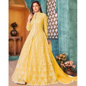 Vestido Anarkali con Estampado Floral de Diseñador, con Cordones y Lentejuelas, Pantalón y Dupatta, Diseño con Cierre de Cremallera en la Espalda - Product Image 5