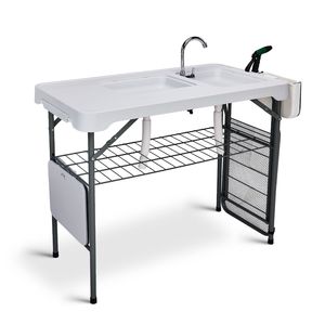 Tavolo Portatile per Pulizia Pesci da 42,5 Pollici con Doppio Lavello, Tavolo Pieghevole da Campeggio con Rubinetto, Spruzzatore e Griglia, Design a Doppio Lavello - Product Image 2