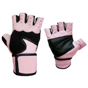 Real Cowskin Leather <b>Fingerless</b> Gym Fitness <b>Gloves</b> Extra Wrist Wrap Support Unisex Pink Black Workout Padded Palm Grip High - Product Image 1