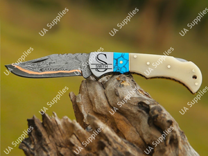 Cuchillo Plegable Profesional de Acero Damasco Sanmai con Cobre, 58 HRC, Afilado como una Navaja, Mango de Hueso de Camello y Turquesa, Cuchillo de Bolsillo EDC para Camping - Product Image 2