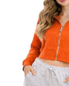 Sudadera con capucha corta personalizada para mujer, con cremallera, manga larga, informal, de felpa suave, estilo urbano, color naranja, para otoño e invierno. - Product Image 5