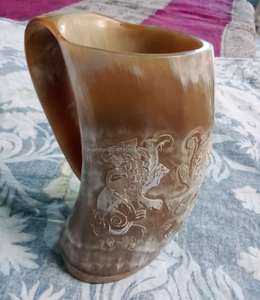 Handcrafted Customised Viking Carving Ceramic Drinking Horn <b>Mug</b> Highly Polished Natural Horn India for Business Gifts-Wine Beer - Product Image 1