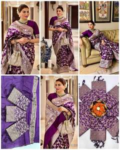 Blusa Antra Lifestyle Soft Lichi Saree, color morado con trabajo Zari, tradicional india, Banarasi Kanchipuram, para bodas de invierno, sin arrugas, protección solar. - Product Image 5