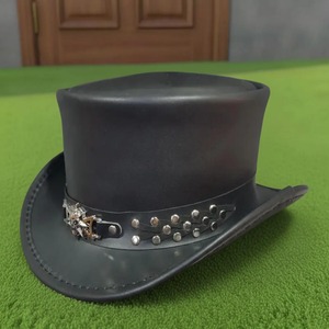 Chapeau haut de forme steampunk en cuir noir fait main de haute qualité, style gothique, chapeau de cowboy western rockeur fait main - Product Image 2