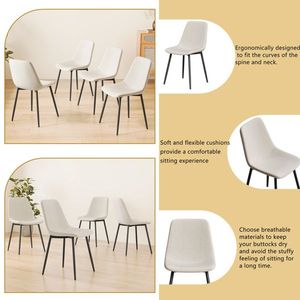 Modern Kitchen Dining Chairs Set 4 Linen Padded Seats with Sturdy Black Metal Legs Beige Design for Dining Table - Product Image 5