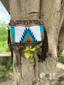 Wholesale Hand Tooled Leather Saddle <b>Blanket</b> Tassel Handbag Stylish Hand Carving Leather Saddle <b>Blanket</b> Wallet Women Combo Set - Product Image 3