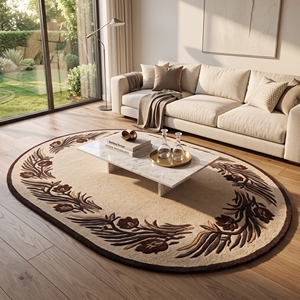 Tapis rond moderne à bordure florale, fait main, tufté, crème et marron - Product Image 1