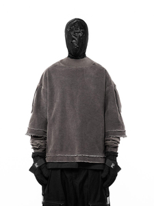 <b>Men's</b> Oversized Corduroy Sweatshirt High Collar Lantern Sleeve <b>Cropped</b> Washed Cotton Casual Streetwear <b>Top</b> - Product Image 4