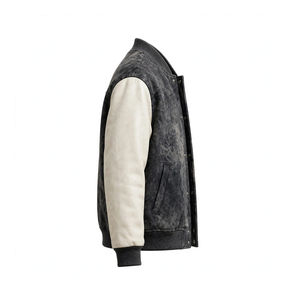 Blouson universitaire vintage en laine lavée pour homme, économique, avec manches contrastantes en cuir, épais, style Letterman, coupe bomber - Product Image 3