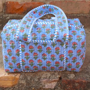 Blue Floral Quilted Cotton Duffel <b>Bag</b> <b>Large</b> Capacity Casual Travel Weekender Handmade Fabric Block Printed Overnight Luggage - Product Image 3