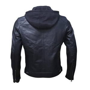Veste en cuir véritable à capuche noire pour homme, style motard, fermeture éclair, coupe-vent, doublure en fausse fourrure, vêtement d'automne - Product Image 3