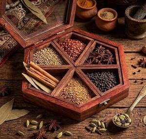 Hand Crafted Hexagon Wooden Spice <b>Box</b> with Glass Lid | Handmade Masala Organizer, Rustic Kitchen Storage With Brass Spoon - Product Image 2