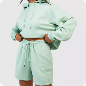 Sweat-shirt à capuche vert menthe pour femme, manches longues, coupe ample, couleur unie, décontracté, avec cordon de serrage, ensemble avec short assorti - Product Image 2