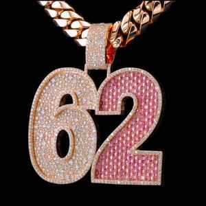 Rose <b>Gold</b> Plated 18K <b>Solid</b> <b>Gold</b> Moissanite Number 62 <b>Pendant</b> With Baguette Cut Stones Channel Setting Hiphop Style Men's Jewelry - Product Image 1