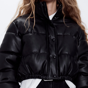 Black PU Puffer <b>Jacket</b> Stand Collar Button Closure Short Length Winter Coat Unisex Casual Waterproof Thick Quilted - Product Image 3