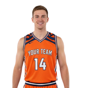 Ensemble d'uniformes de basketball personnalisés pour hommes, orange et bleu marine, maillot sans manches à col en V, short avec imprimé flamme latérale, numéros blancs, kit d'équipe en gros - Product Image 3