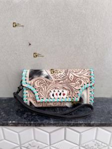 Cartera de mano de cuero de piel de vaca de diseñador, billetera tallada a mano, cuero de Color turquesa Vintage, tarjetas de crédito, billetera en efectivo, regalos - Product Image 4