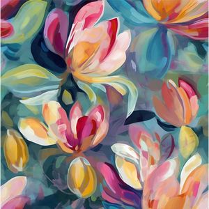 Carta da Parati Adesiva Floreale Vintage con Magnolia Verde Sfumata e Fiori Rosa/Rossi, Arte Astratta - Product Image 1